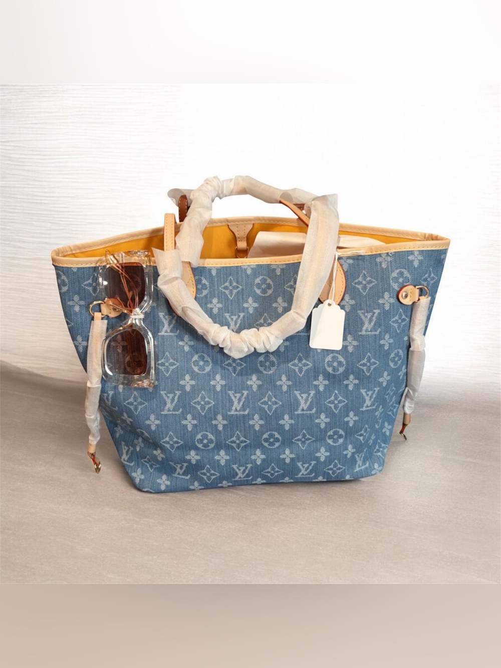Denim fashion inspired Monogram Tote in Light Blue with Yellow Interior